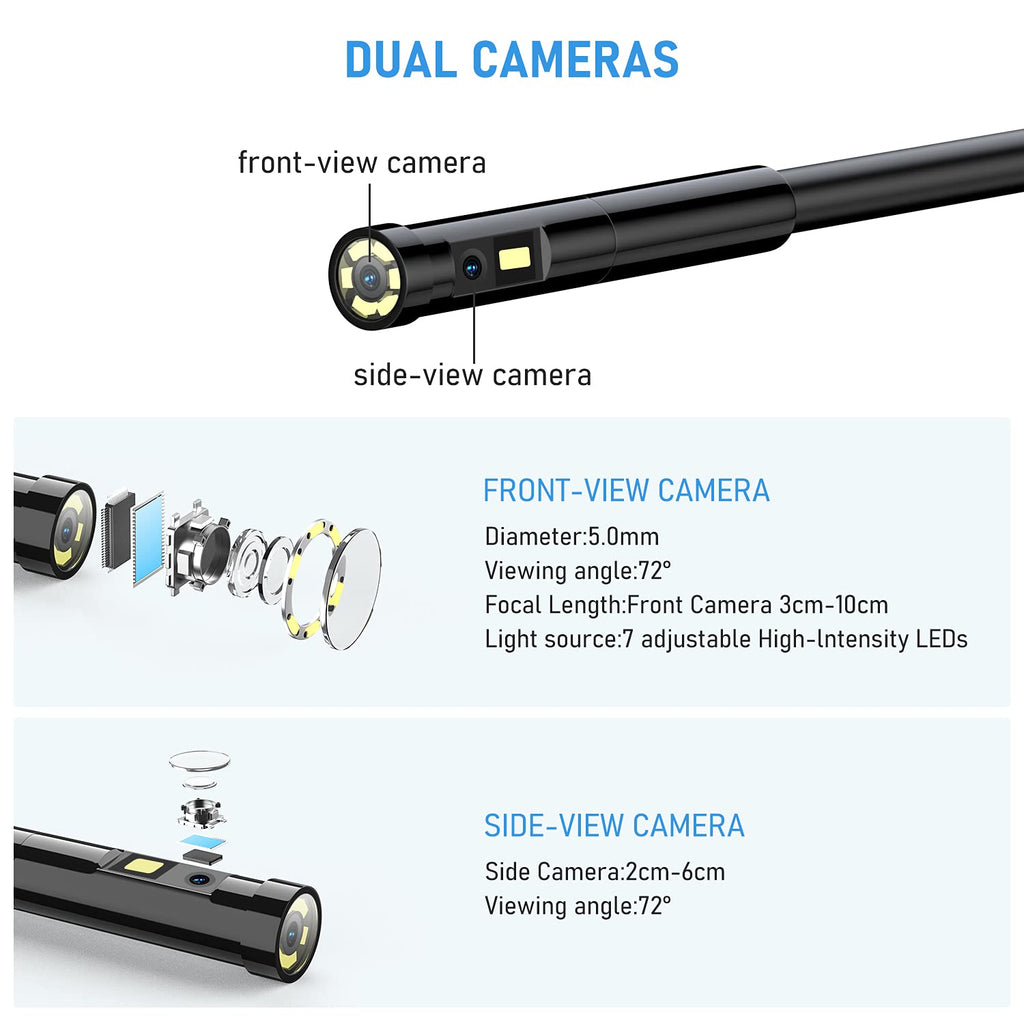 Dual Lens Endoscope Camera 1080P 5.18 IPS Screen 5mm IP67 Waterproof with 7 LED Lights 32GB Card 16.5FT H3738