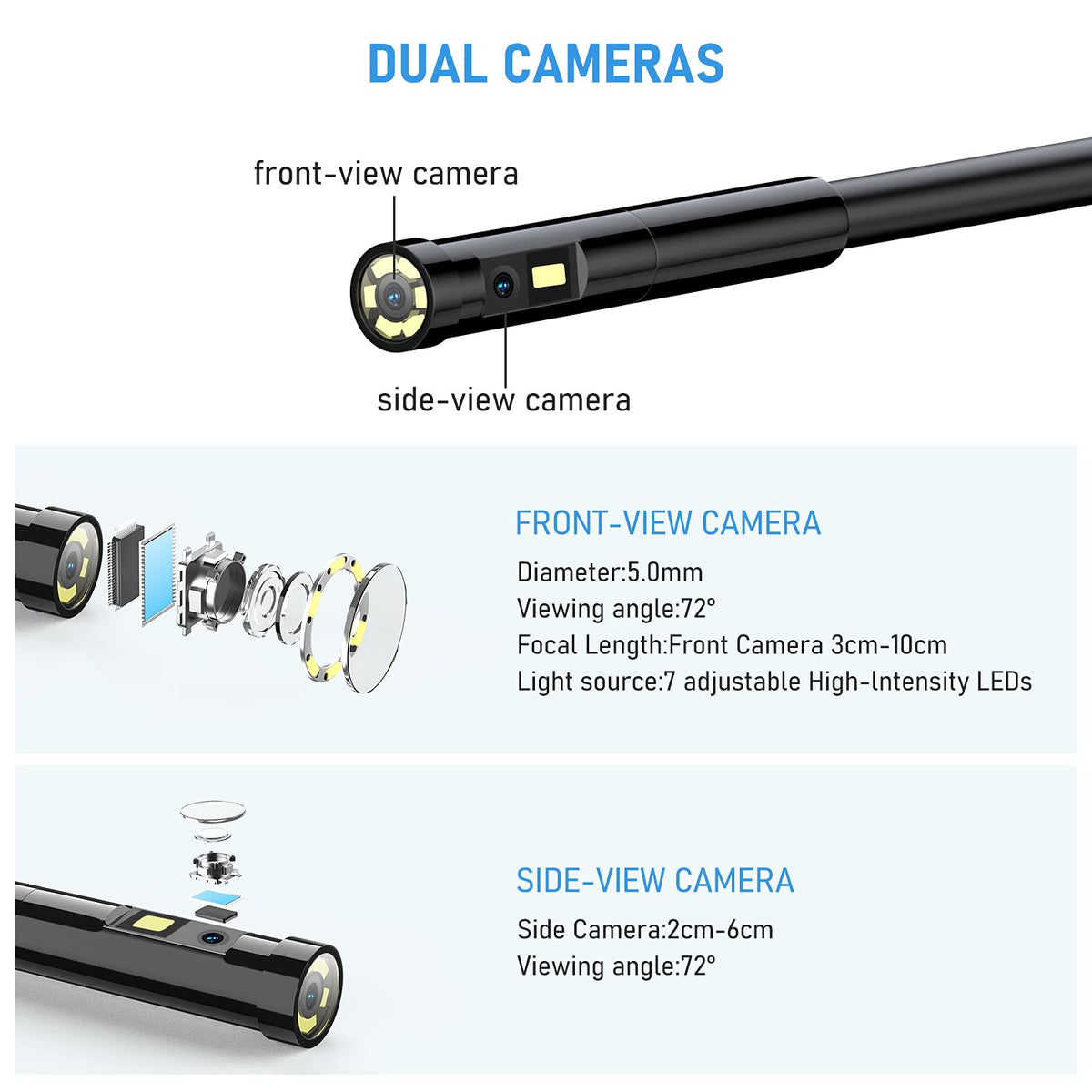 Dual Lens Endoscope Camera 1080P 5.18 IPS Screen 5mm IP67 Waterproof with 7 LED Lights 32GB Card 16.5FT H3738