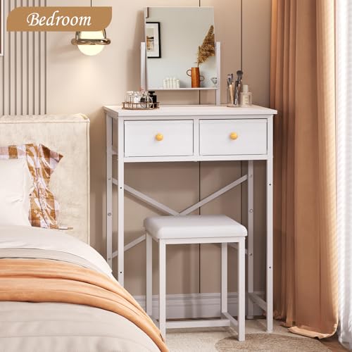 White Compact Vanity Desk with Mirror and Chair P734639