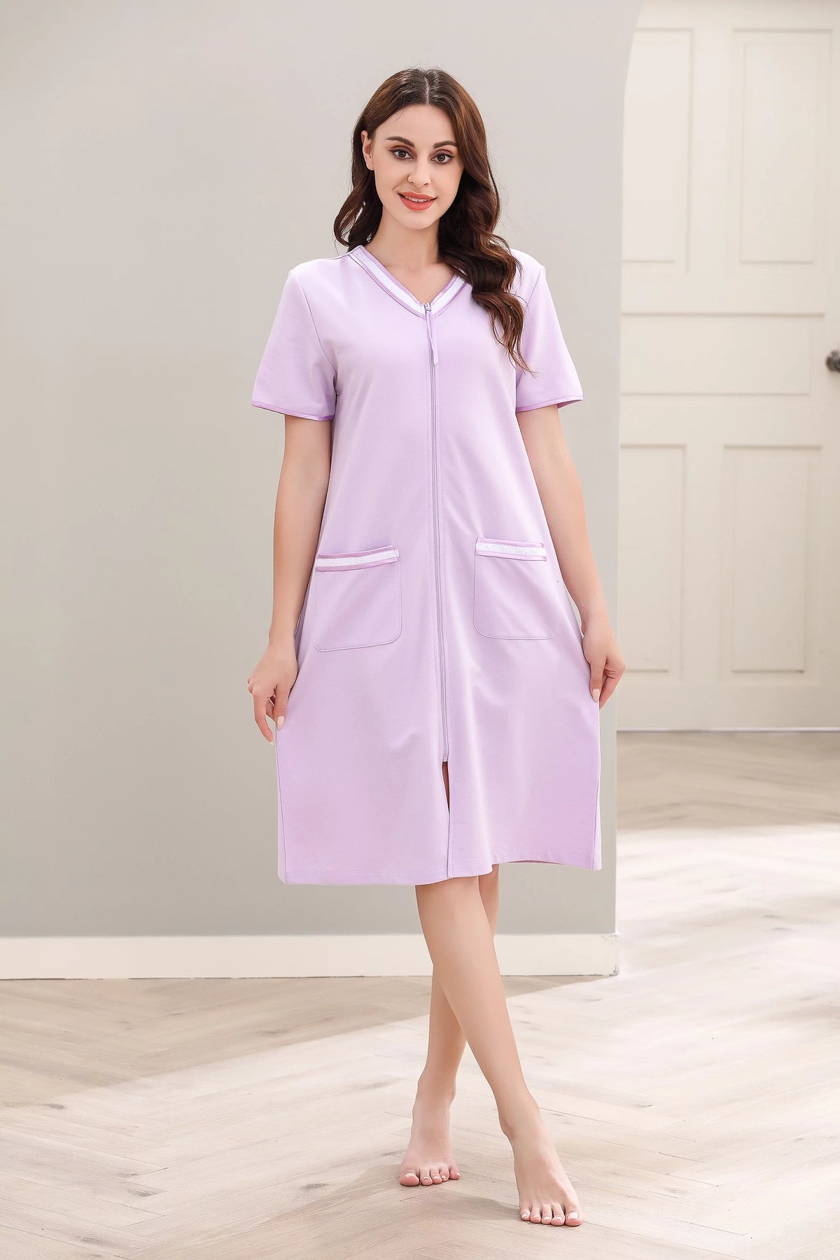 Women Short Sleeve Zipper Robe Q318