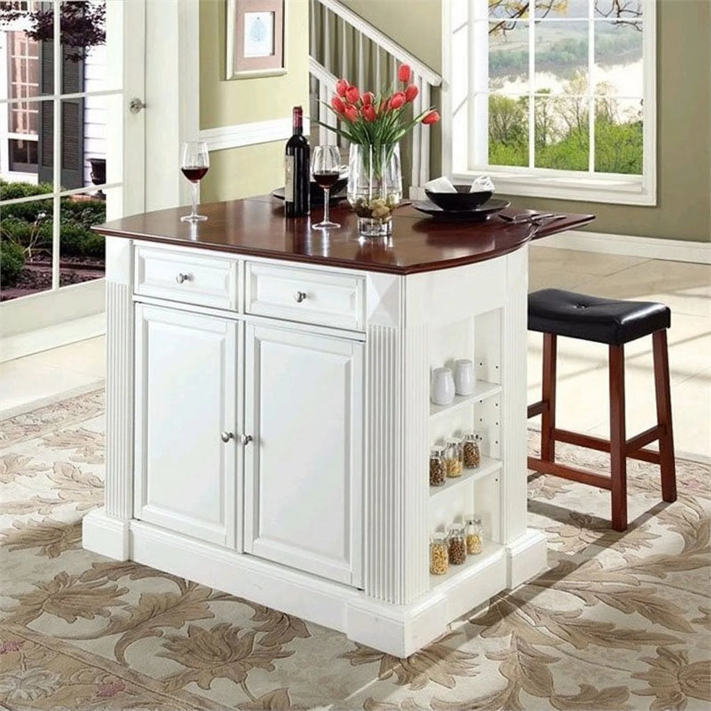 White Wood Drop Leaf Kitchen Island with Stools M985