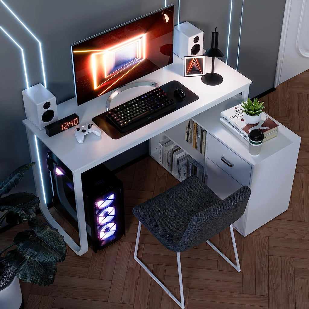 White L-Shaped Computer Desk with Drawer and 2 Shelves G97749