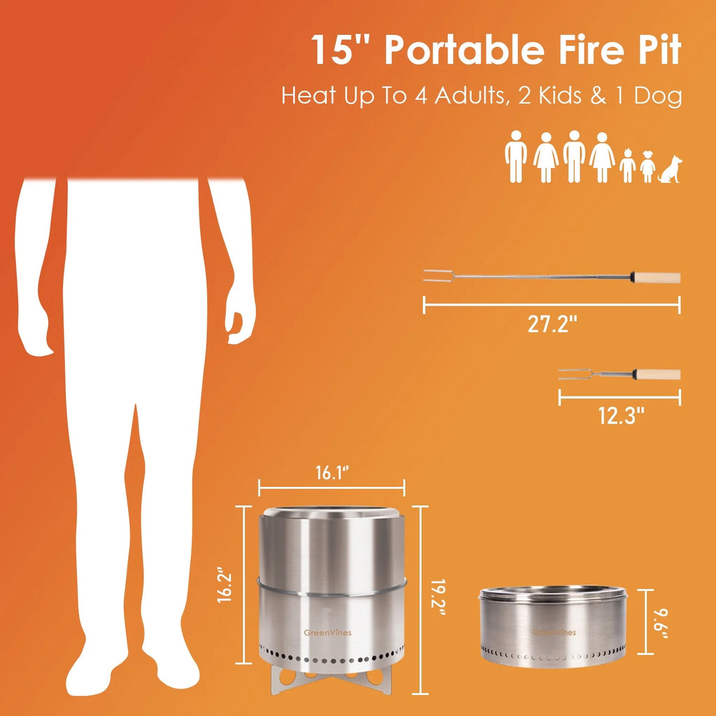 Smokeless Fire Pit with Stand & Bag & Sticks & Holders, 304 Stainless Steel, 15inch Q336668