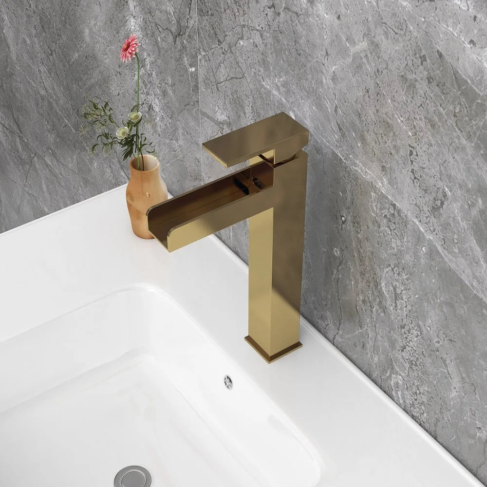 Brushed Gold Single Handle Waterfall Bathroom Vessel Sink Faucet V28697