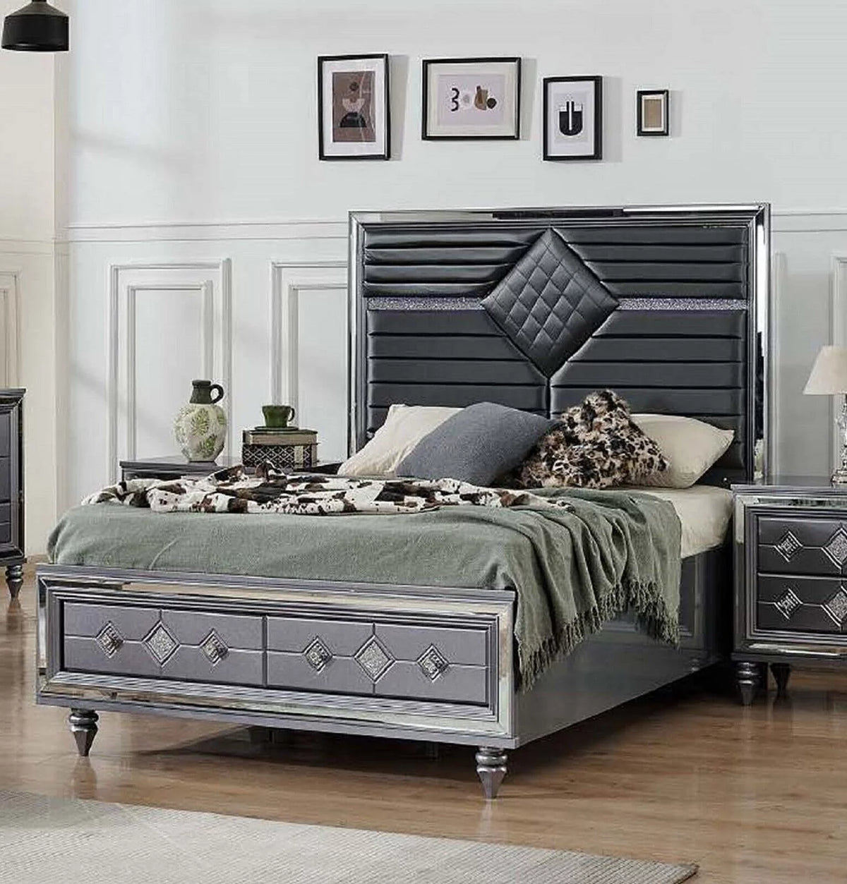 Dark Gray Queen Bed with Dresser Mirror Nightstand Chest T370
