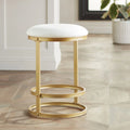 Gold Metal Bar Stool 26" High White Fabric Round Cushion with Footrest U3593
