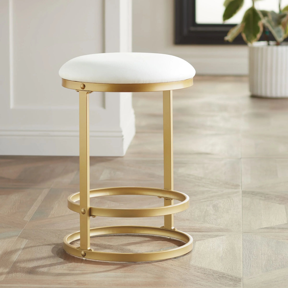 Gold Metal Bar Stool 26" High White Fabric Round Cushion with Footrest U3593