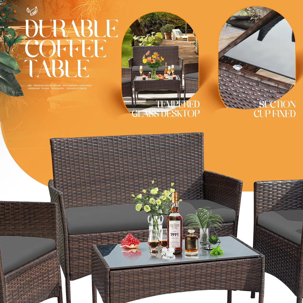 4 Pieces Brown PE Rattan Patio Conversation Set L324068