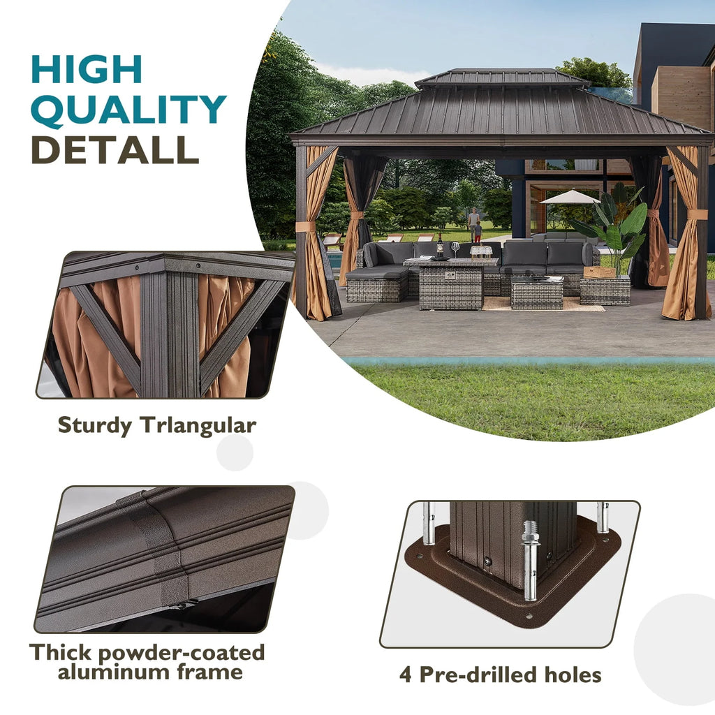 10'x12' Hardtop Aluminum Gazebo with Curtains and Netting T4136