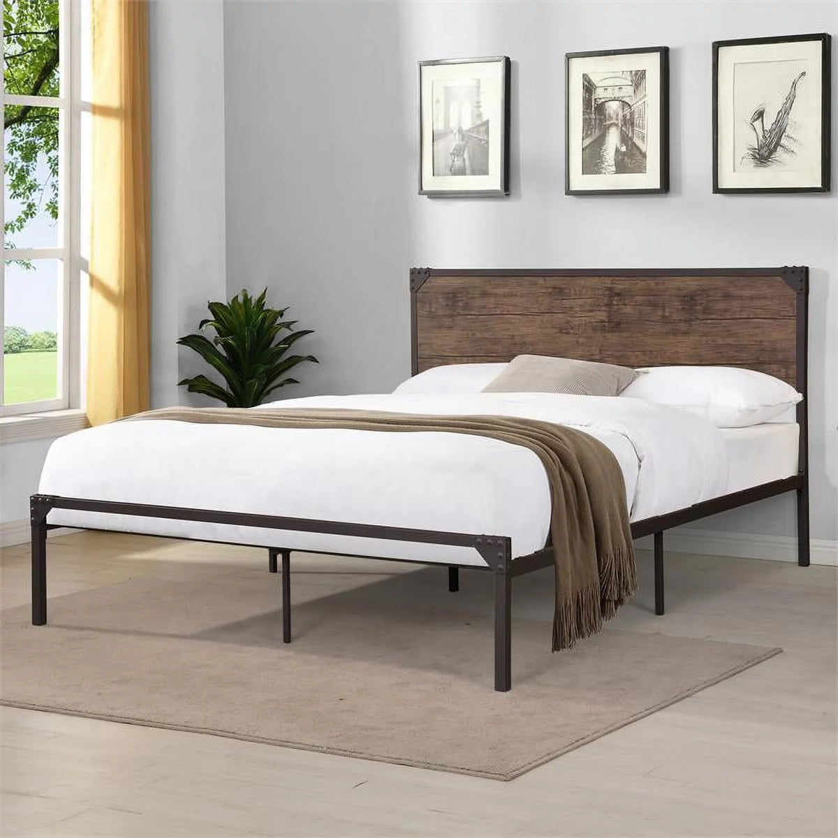 Queen Metal Platform Bed in Brown F6947