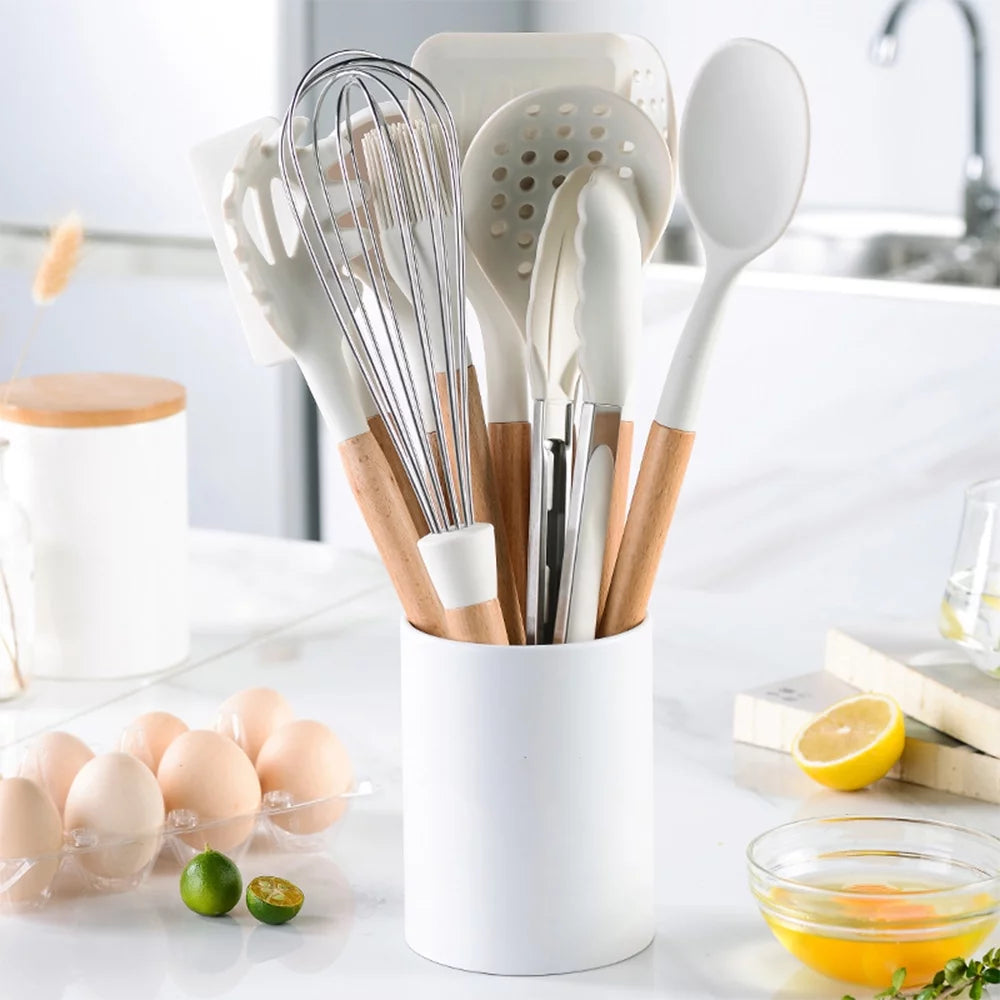 10 PCS Silicone Utensil Set Wooden Handle C353