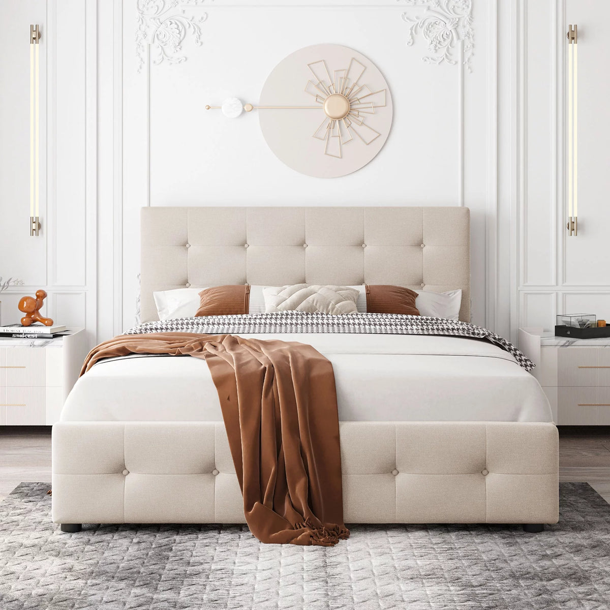 Queen Size Platform Bed with 4 Drawers Beige O8326