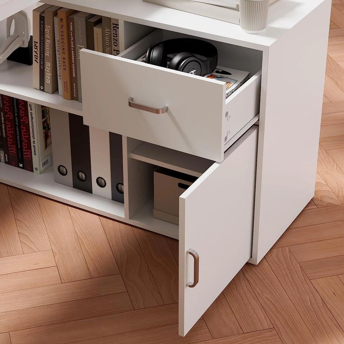 White L-Shaped Computer Desk with Drawer and 2 Shelves G97749