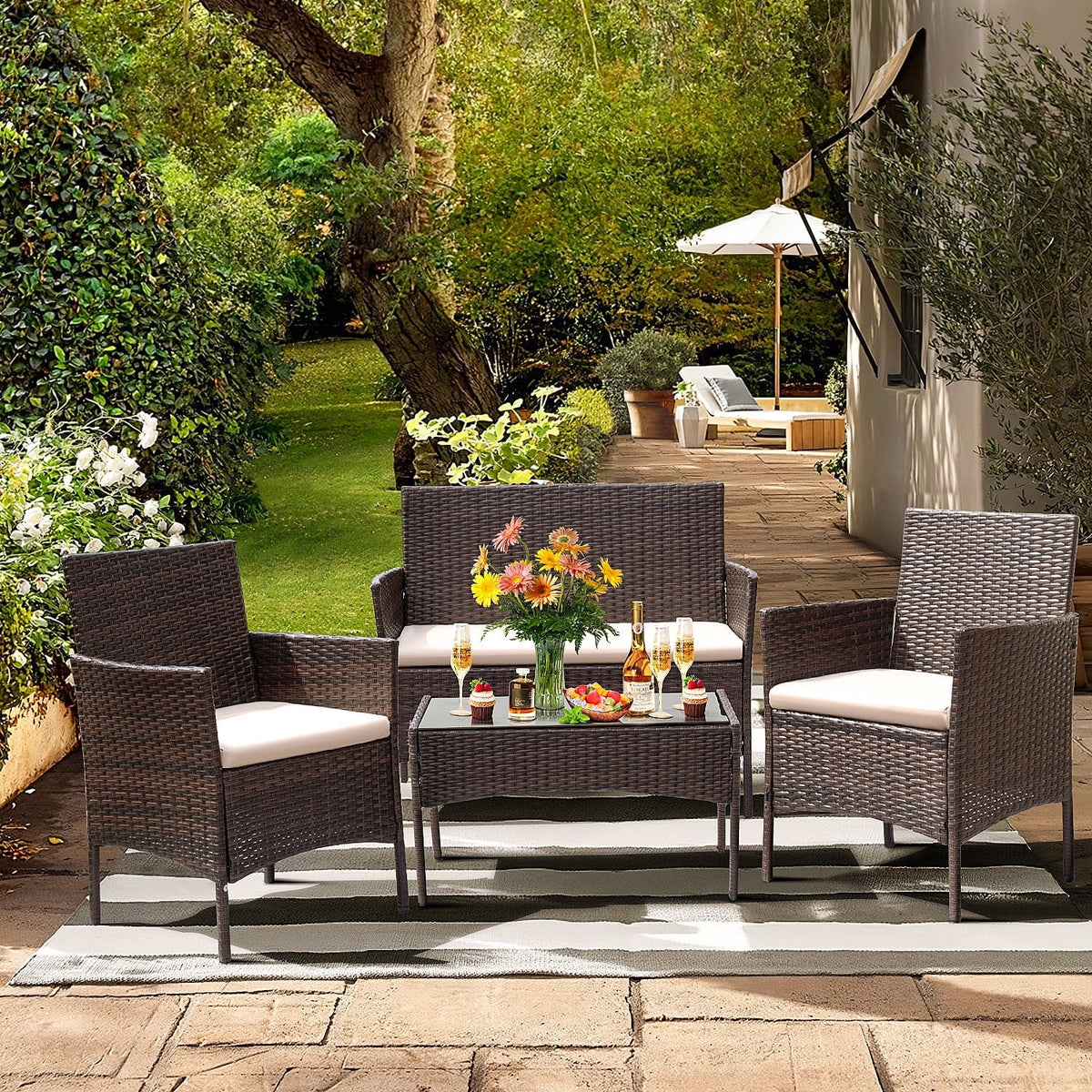 4 Pieces Brown PE Rattan Patio Conversation Set L324068
