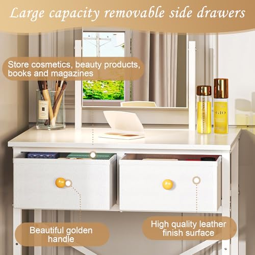 White Compact Vanity Desk with Mirror and Chair P734639