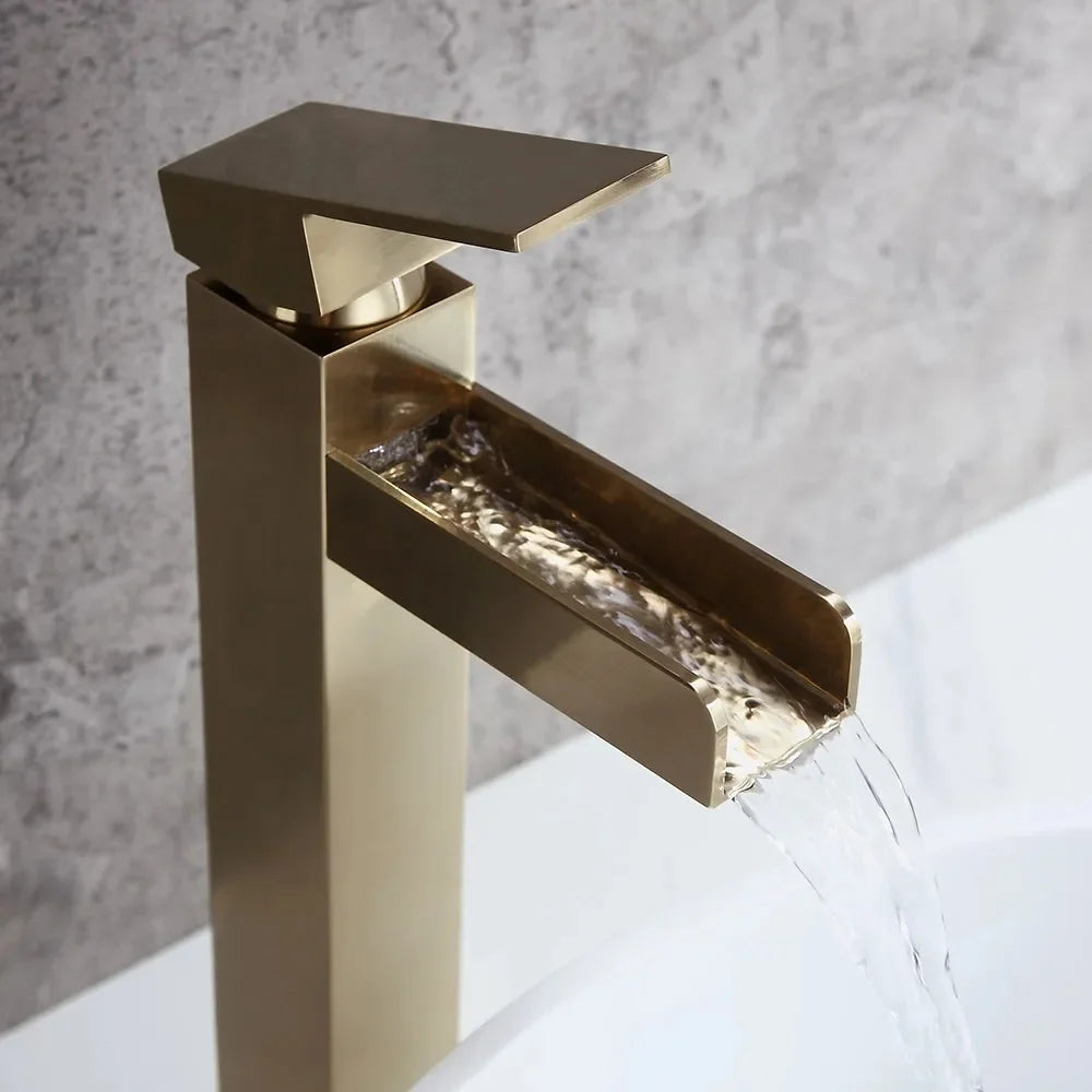 Brushed Gold Single Handle Waterfall Bathroom Vessel Sink Faucet V28697