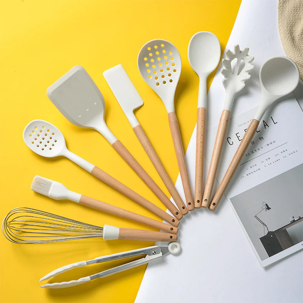 10 PCS Silicone Utensil Set Wooden Handle C353