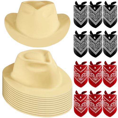 24 Pieces Felt Cowboy Hat Set with Paisley Bandanas T345864