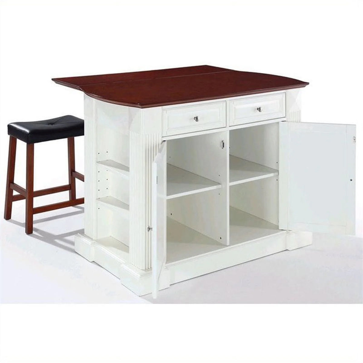 White Wood Drop Leaf Kitchen Island with Stools M985