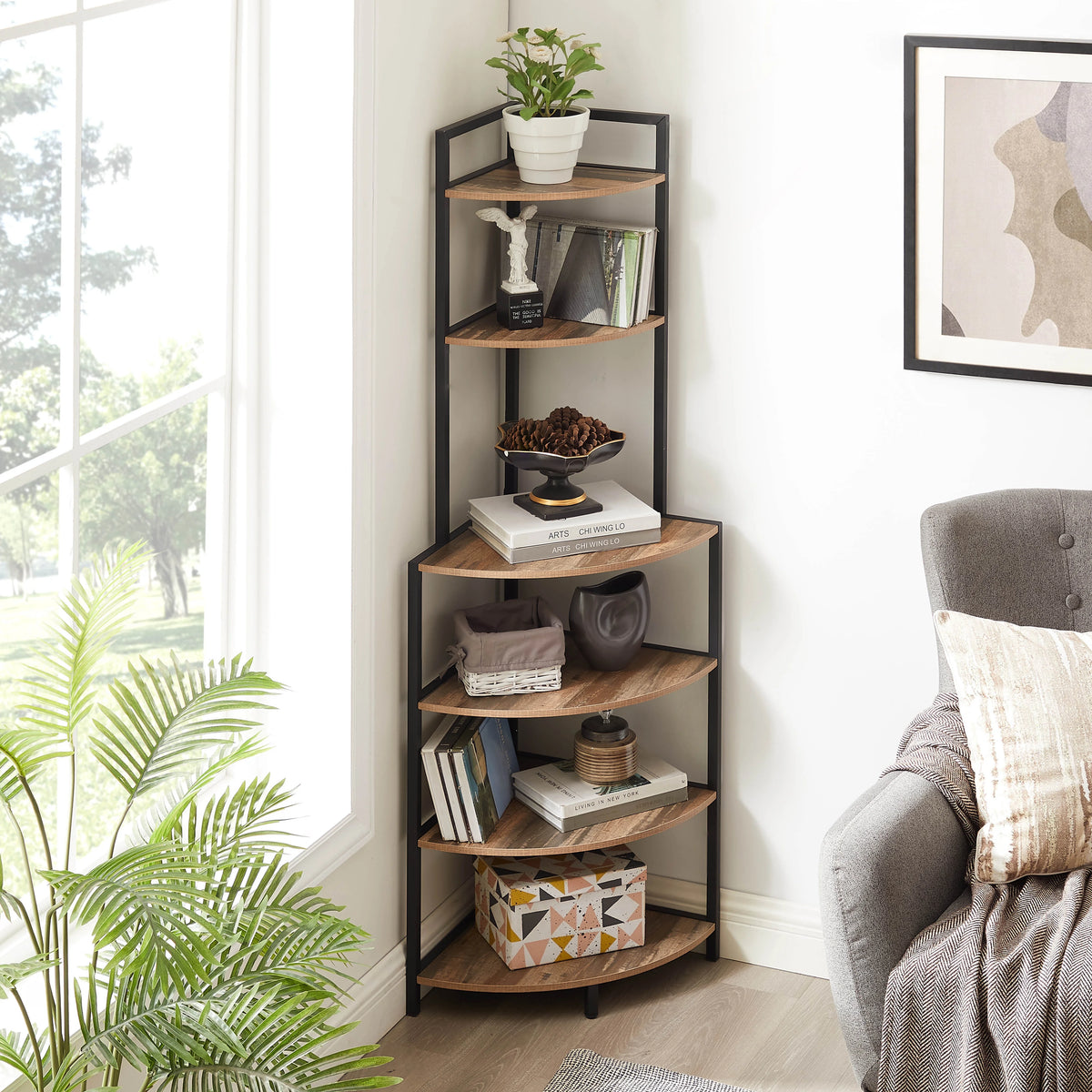 6-Tier Corner Wood Bookcase Rustic Brown X2683