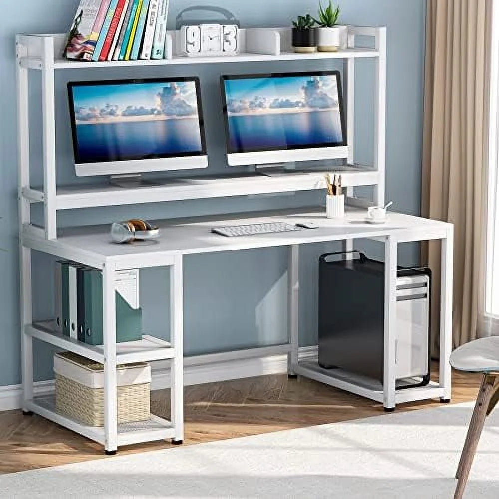 55 Inches White Computer Desk with Hutch and Shelves S259