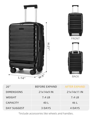 Black 20 Inch Expandable Hardside Carry On Luggage with Spinner Wheels S292