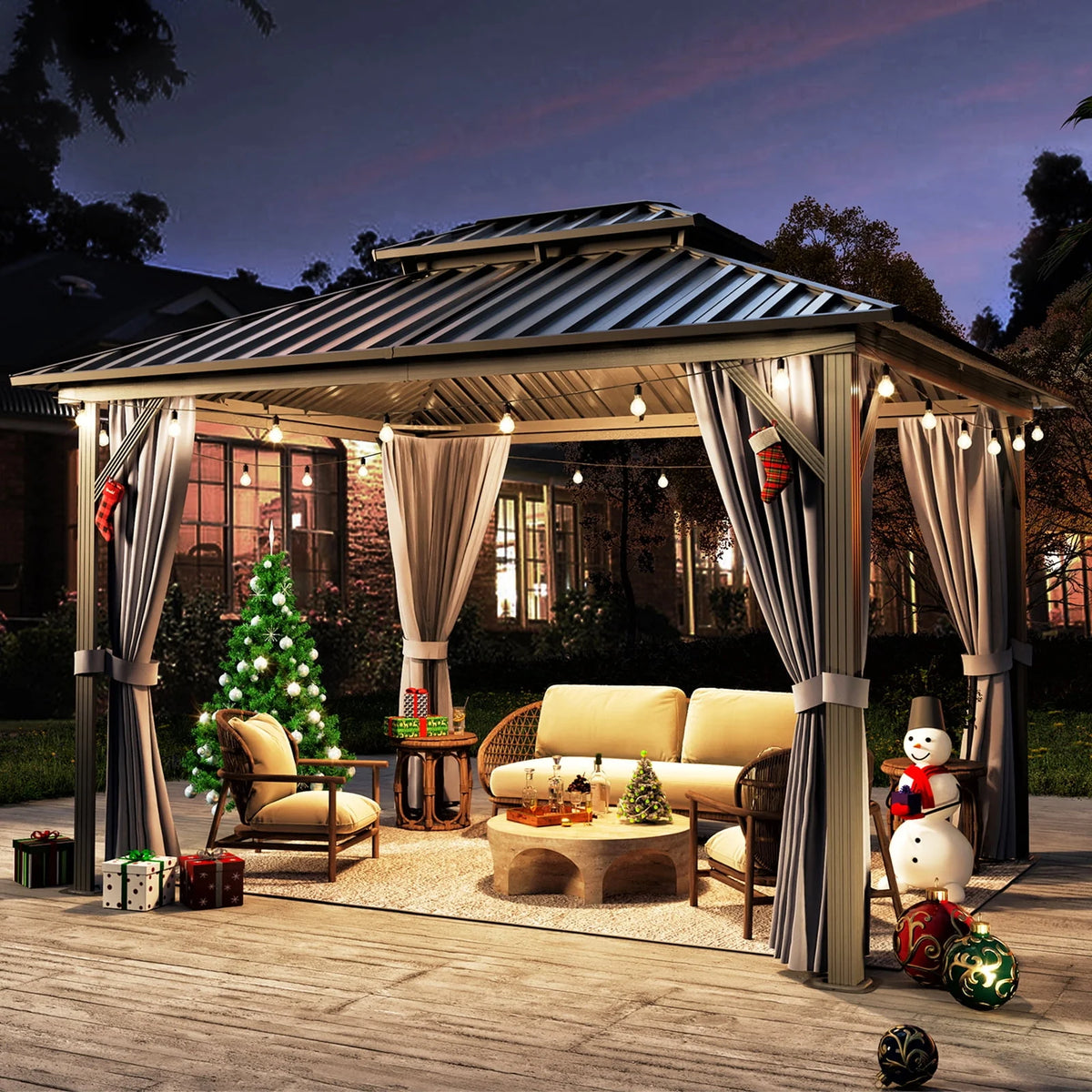 10'x12' Hardtop Aluminum Gazebo with Curtains and Netting T4136