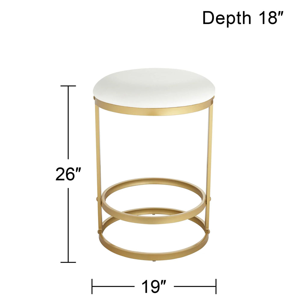 Gold Metal Bar Stool 26" High White Fabric Round Cushion with Footrest U3593