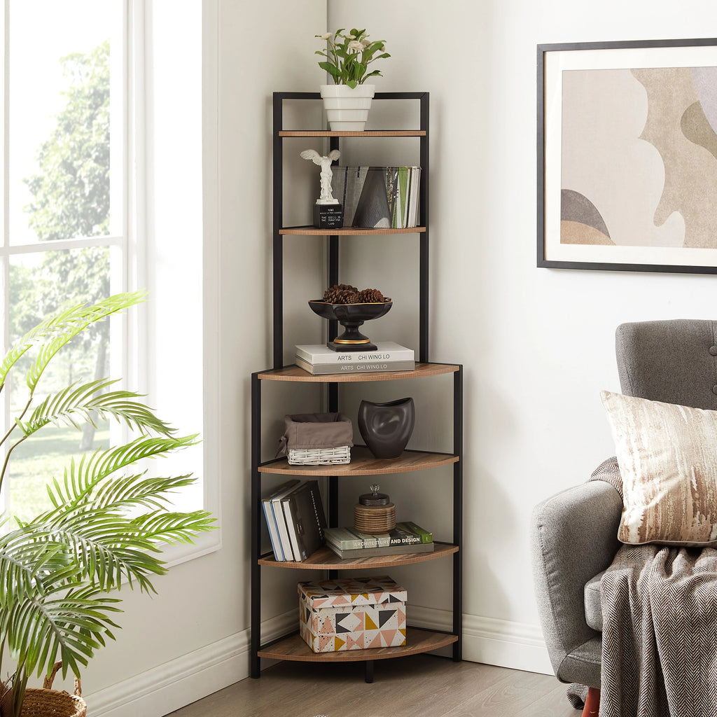6-Tier Corner Wood Bookcase Rustic Brown X2683