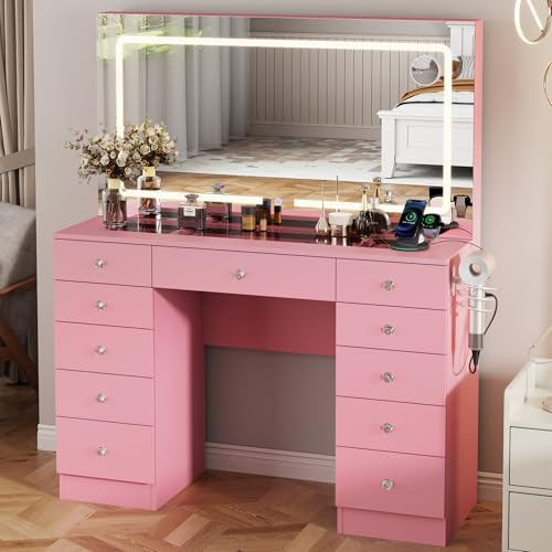White 11 Drawer Vanity Desk with Mirror and Lights A4101