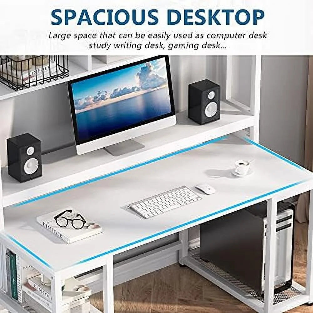 55 Inches White Computer Desk with Hutch and Shelves S259